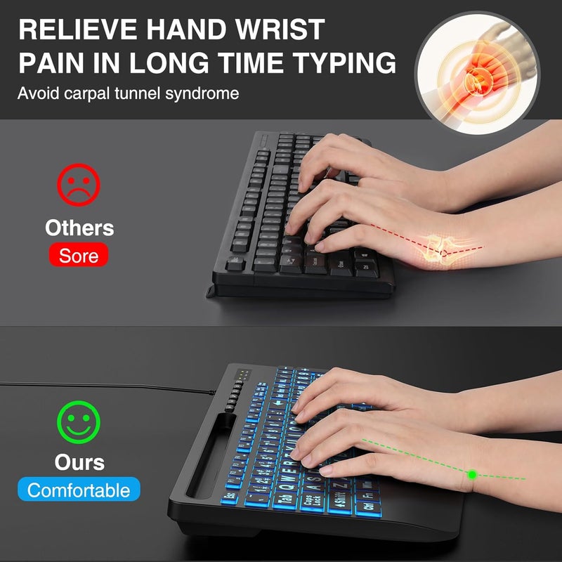 SABLUTE Large Print Backlit Keyboard, Wired USB Computer Keyboards with 7-Colors Backlight, Wrist Rest, Phone Holder, Oversized Letter Keys Easy to See and Type for Laptop, PC, Windows, Black - Image 4
